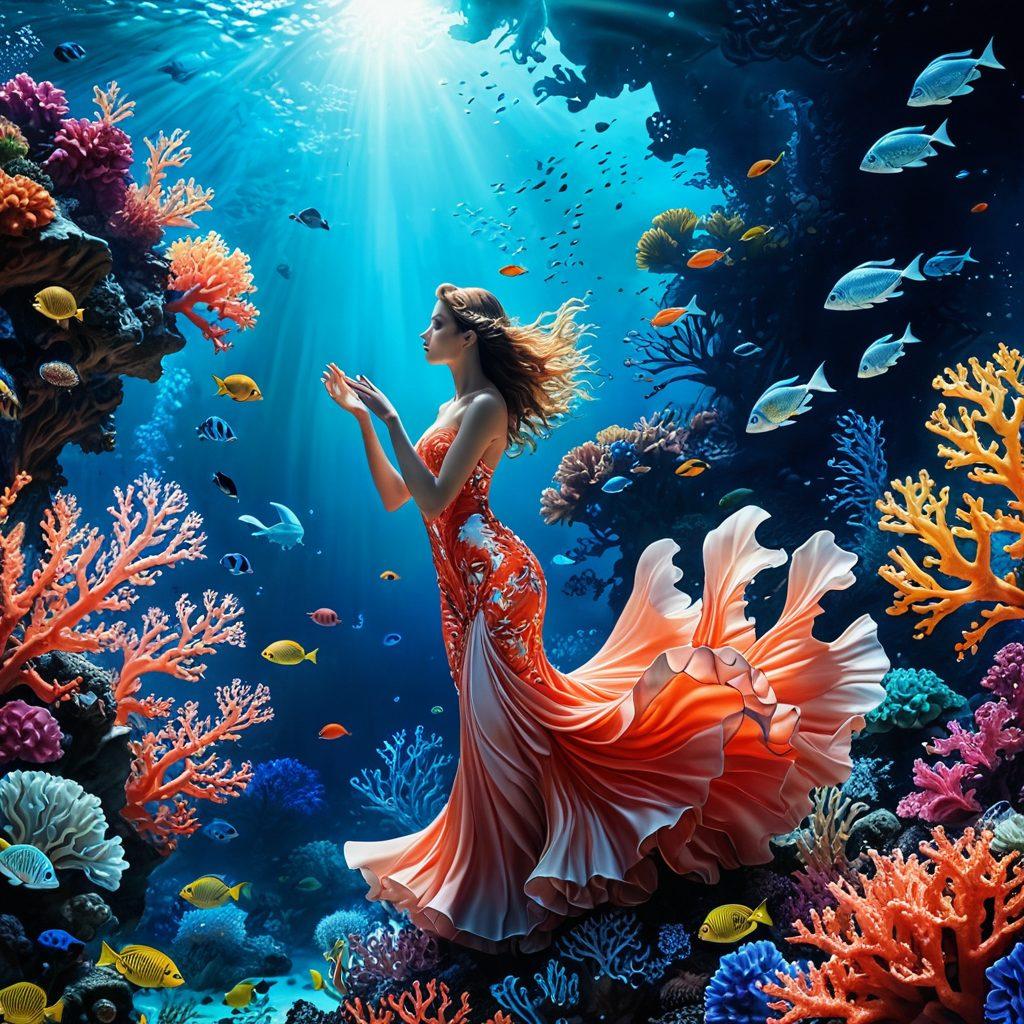 A captivating underwater scene filled with vibrant coral reefs and ethereal sea creatures, reflecting the sensuality of erotic art and adult manga. Include elegant figures embracing and dancing amidst the waves, infused with rich colors that evoke passion and creativity. The overall atmosphere should be dreamlike, melding fantasy and desire in an artistic style. surrealism. vibrant colors. 3D elements.